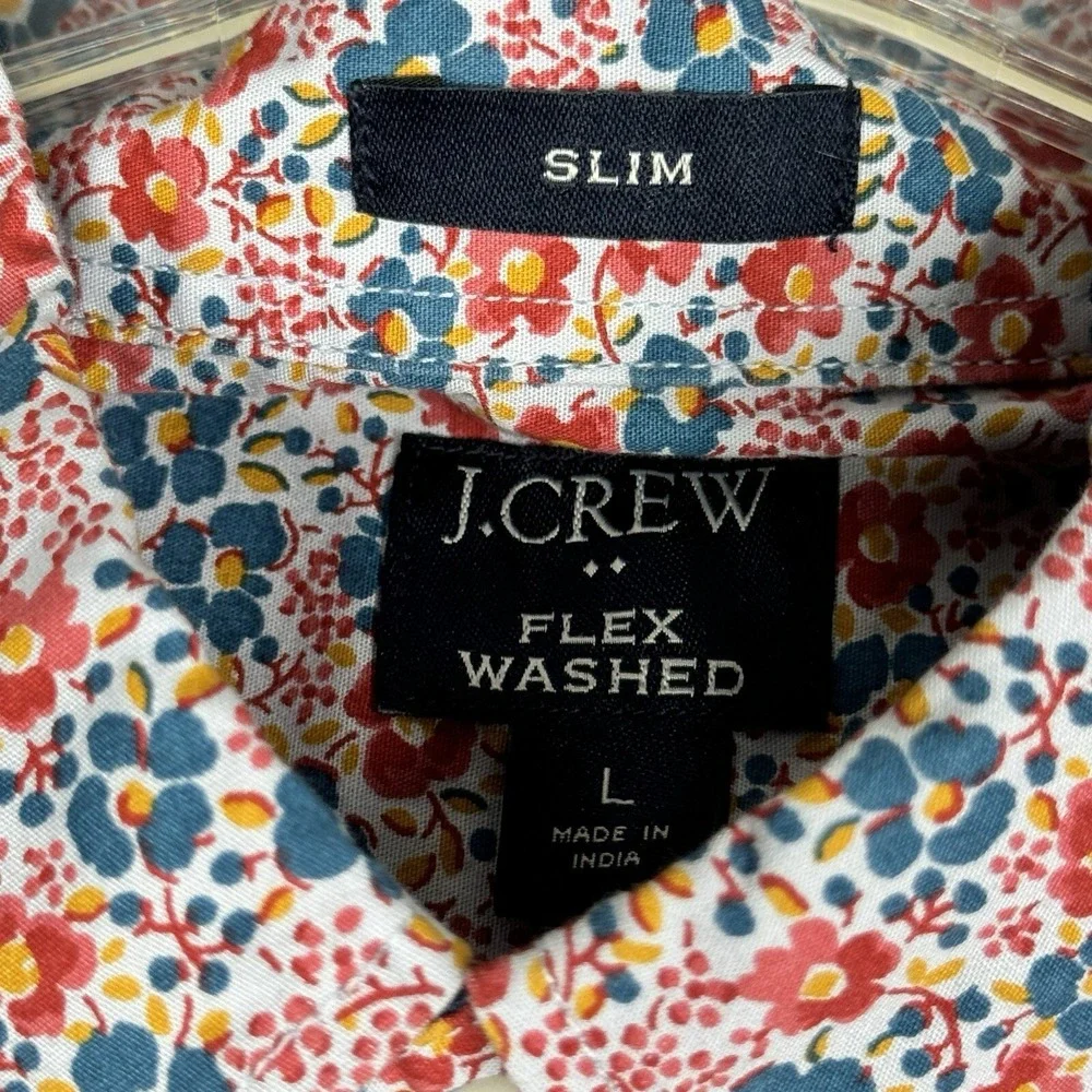 J.Crew Floral Shirt Men Large Red Blue Colorful Slim Fit Flex Washed Button Down